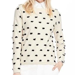 BR Crew Neck Cotton-Blend Cream Sweater with Black Polka Dot Fringe Detailing